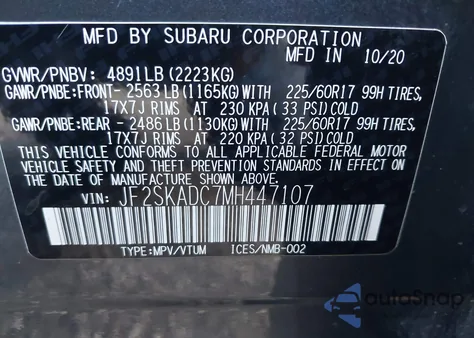 2021 Subaru Forester из США, поврежденный, VIN JF2SKADC7MH447107